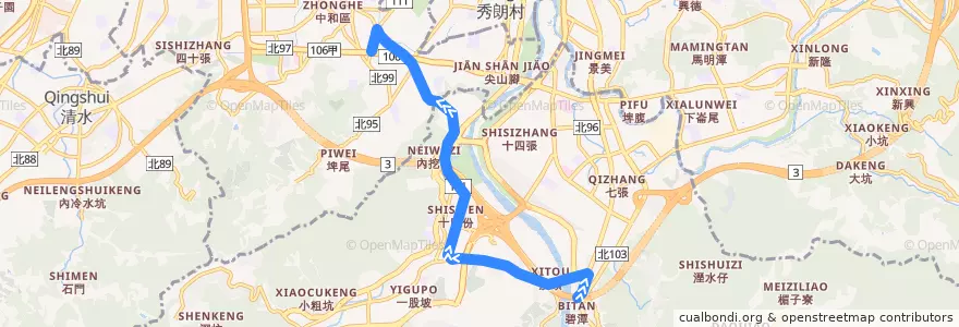 Mapa del recorrido 新北市 8 捷運新店站-捷運景安站 (往程) de la línea  en تايبيه الجديدة.