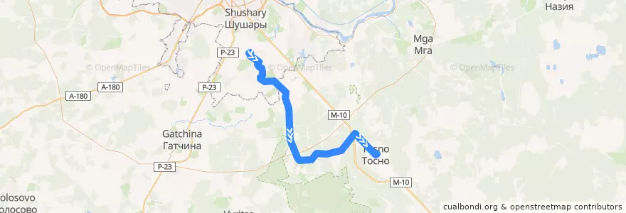 Mapa del recorrido Автобус № 618: ЛГУ им. А. С. Пушкина => Тосно de la línea  en Ленинградская область.