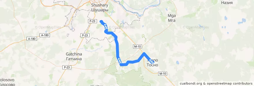 Mapa del recorrido Автобус № 618: Тосно => ЛГУ им. А. С. Пушкина de la línea  en Ленинградская область.