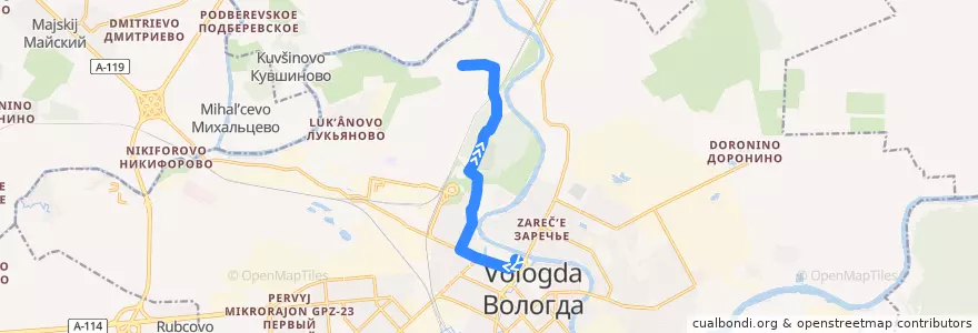 Mapa del recorrido Автобус №11: Центр - с/х Цветы de la línea  en городской округ Вологда.