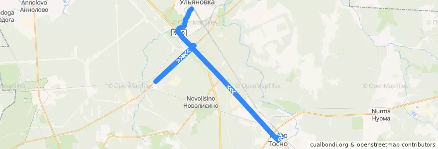 Mapa del recorrido Автобус № 316: Тосно => Ульяновка de la línea  en Тосненское городское поселение.