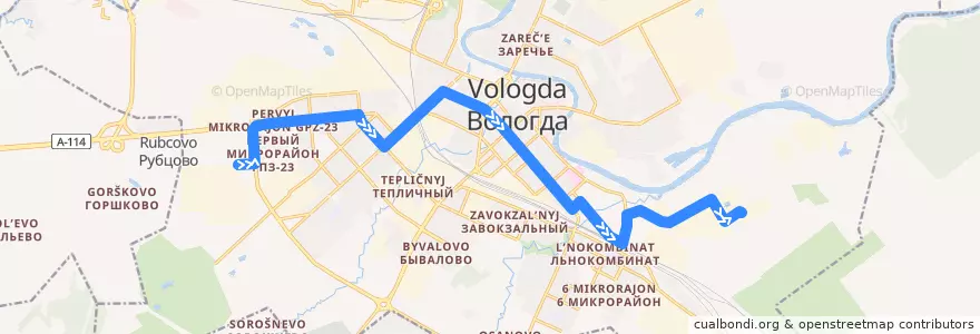 Mapa del recorrido Автобус №45: ВПЗ - Мясокомбинат de la línea  en ヴォログダ管区.