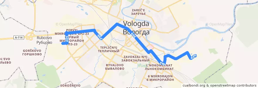 Mapa del recorrido Автобус №45: Мясокомбинат - ВПЗ de la línea  en городской округ Вологда.