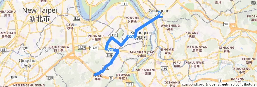 Mapa del recorrido 新北市 895 南勢角-捷運公館站(返程) de la línea  en New Taipei.