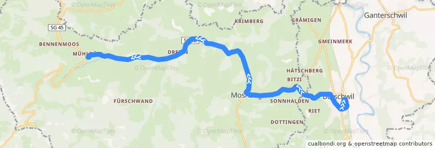 Mapa del recorrido Bus 766: Bütschwil - Mosnang - Mühlrüti - Hulftegg de la línea  en Mosnang.