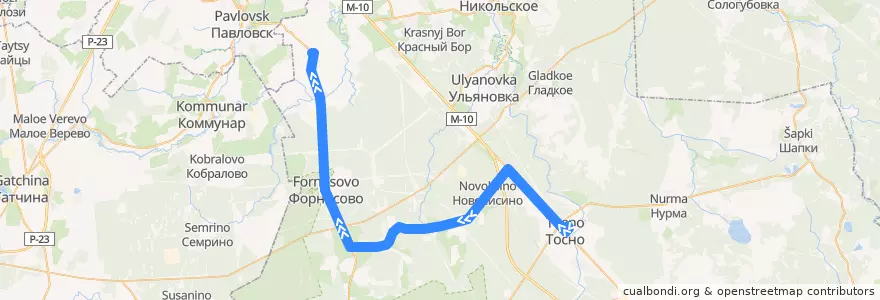 Mapa del recorrido Автобус № 318А: Тосно => Фёдоровское de la línea  en Тосненский район.