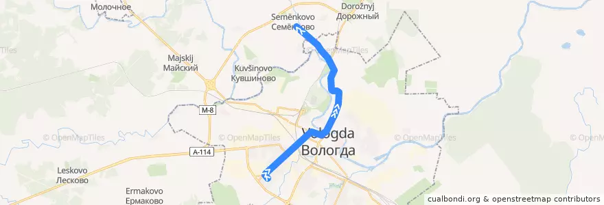 Mapa del recorrido Автобус №22: Возрождения - Семёнково de la línea  en городской округ Вологда.