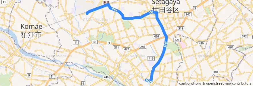 Mapa del recorrido 祖師谷線 de la línea  en Setagaya.