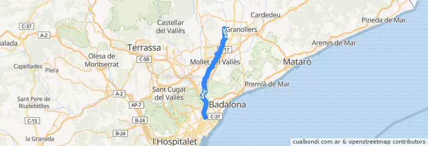 Mapa del recorrido 303 Riells - Barcelona de la línea  en Barcelona.