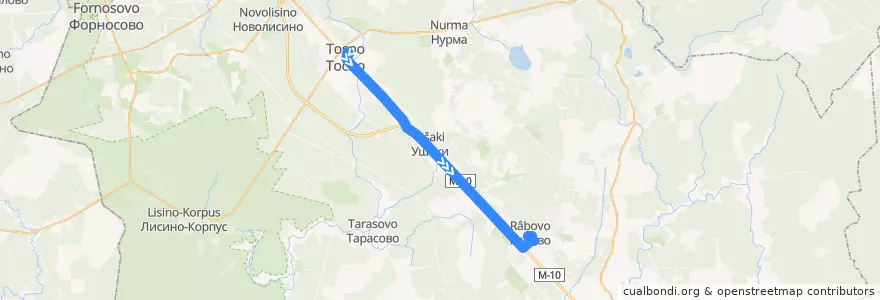Mapa del recorrido Автобус № 336: Тосно => Рябово de la línea  en Тосненский район.