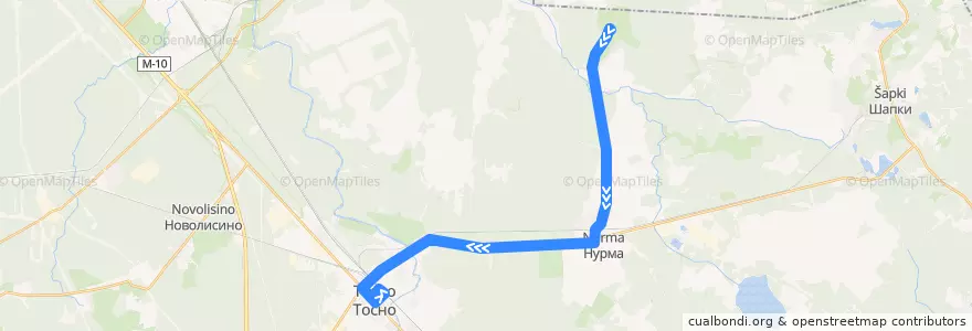 Mapa del recorrido Автобус № 338: Нечеперть => Тосно de la línea  en Тосненский район.