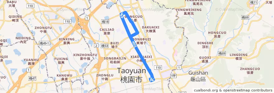 Mapa del recorrido 桃園公車 152 桃園-同安街 de la línea  en Taoyuan District.