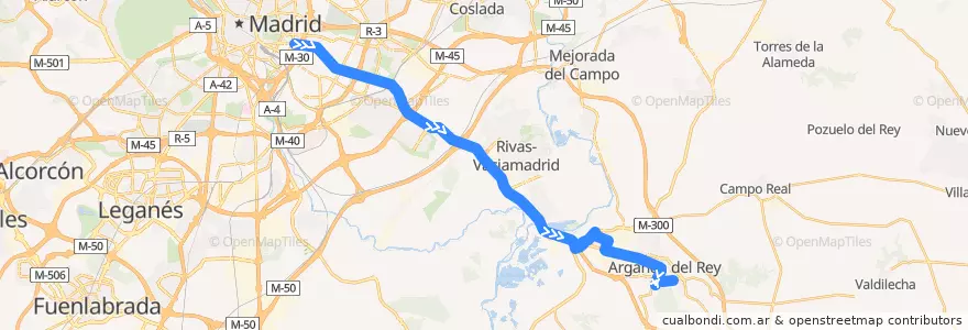 Mapa del recorrido Bus 312A: Madrid (Conde de Casal)-Arganda (El Mirador por La Poveda) de la línea  en Comunidade de Madrid.