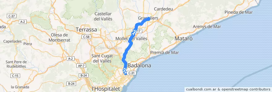Mapa del recorrido bus 332 Barcelona - Granollers de la línea  en Barcelona.