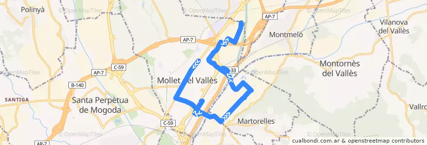 Mapa del recorrido bus 376 Mollet-Parets de la línea  en Vallès Oriental.