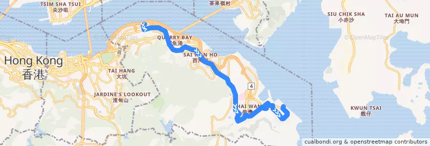 Mapa del recorrido 新巴82線 NWFB 82 (北角碼頭 North Point Ferry Pier → 小西灣(藍灣半島) Siu Sai Wan (Island Resort)) (經柴灣東 via Chai Wan East) de la línea  en 東區 Eastern District.