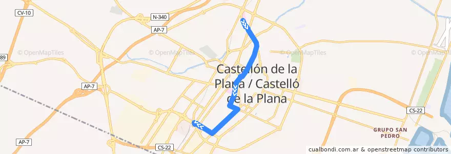 Mapa del recorrido L2 Hospital General - Polideportivo Ciutat de Castelló de la línea  en Castelló de la Plana.