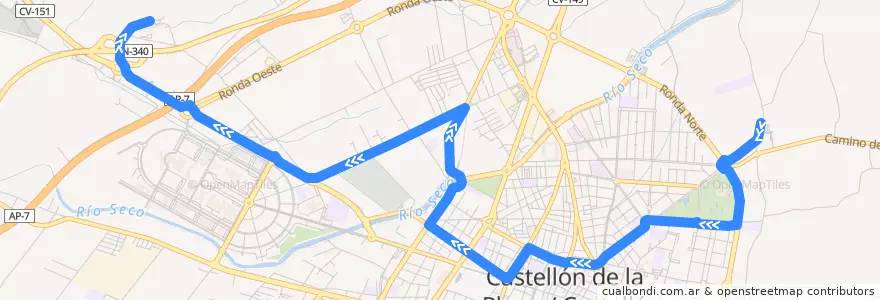 Mapa del recorrido L3 Basílica del Lledó- Hospital Magadalena de la línea  en Castelló de la Plana.