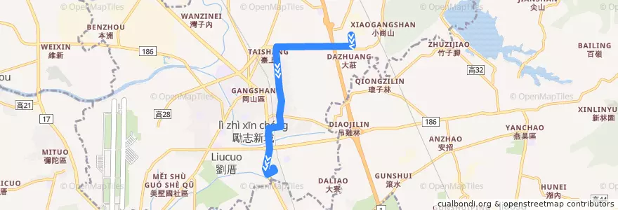Mapa del recorrido 紅68A(正線_往程) de la línea  en 岡山區.