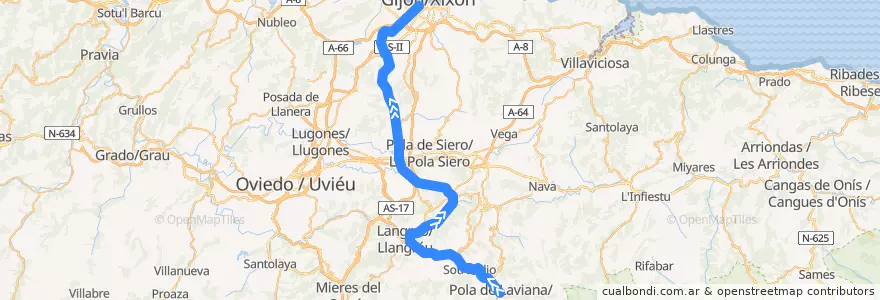 Mapa del recorrido Línea F5 Laviana - Gijon de la línea  en Astúrias.