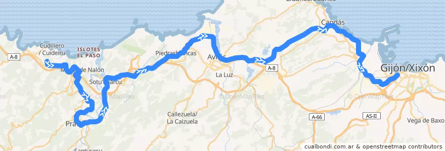 Mapa del recorrido Línea F4 Gijon - Cudillero de la línea  en Asturias / Asturies.