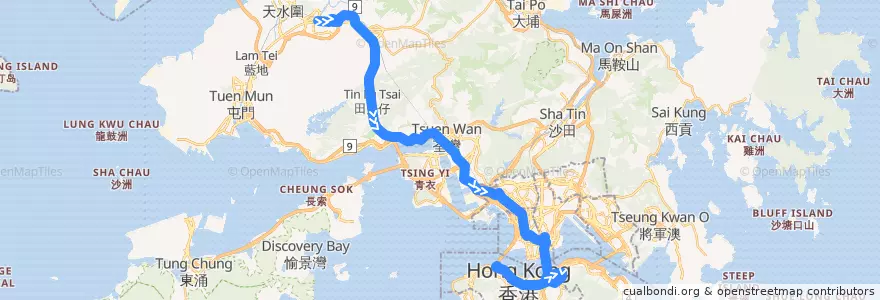 Mapa del recorrido Bus N368 (Yuen Long (West) - Central (Macau Ferry)) de la línea  en 新界 New Territories.