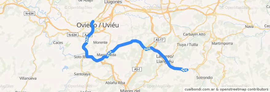 Mapa del recorrido Línea C2 El Entrego - Oviedo de la línea  en 阿斯圖里亞斯.