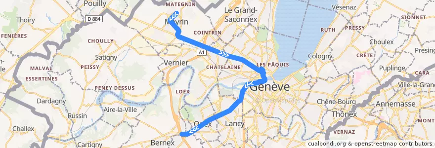 Mapa del recorrido Tram 14: Meyrin-Gravière → P+R Bernex de la línea  en Cenevre.