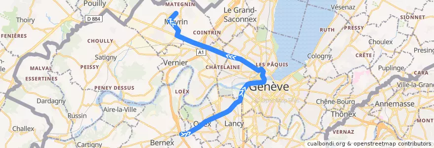 Mapa del recorrido Tram 14: P+R Bernex → Meyrin Gravière de la línea  en Ginevra.