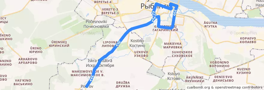 Mapa del recorrido Автобус №107: Железнодорожный вокзал - село Покров de la línea  en Рыбинский район.