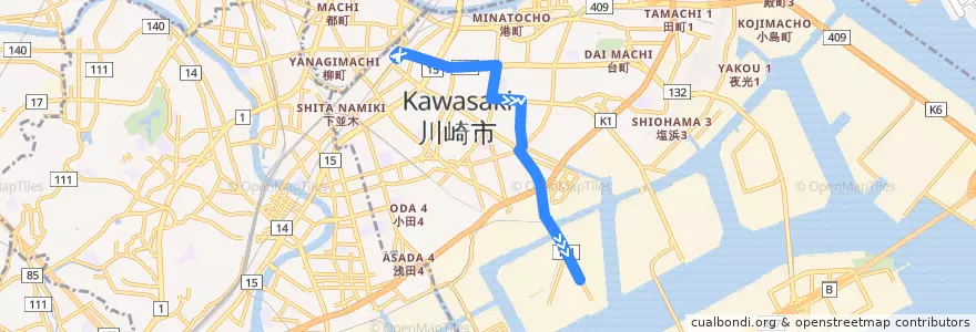 Mapa del recorrido 扇町線 川崎駅→扇町 de la línea  en Kawasaki Ward.