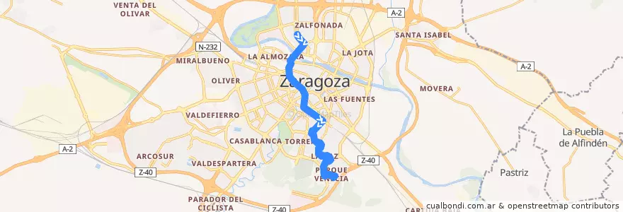 Mapa del recorrido Bus 23: Actur-Rey Fernando => Parque Venecia de la línea  en Saragoça.