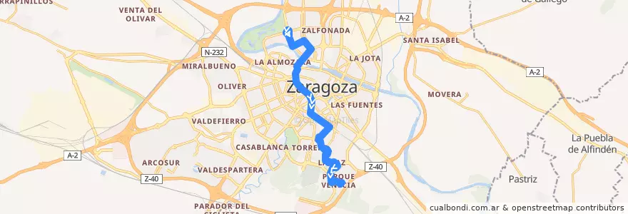 Mapa del recorrido Bus 23: Ciudad de la Justicia => Parque Venecia de la línea  en 萨拉戈萨.