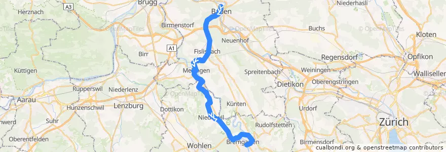 Mapa del recorrido Bus 332: Baden => Mellingen => Bremgarten de la línea  en Aargau.