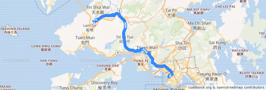 Mapa del recorrido 九巴68X線 KMB 68X (洪水橋（洪福邨） Hung Shui Kiu (Hung Fuk Estate) → 旺角（柏景灣） Mong Kok (Park Avenue)) de la línea  en 신제.