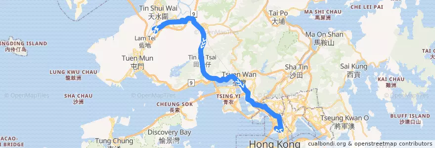 Mapa del recorrido 九巴268X線 KMB 268X (洪水橋（洪福邨） Hung Shui Kiu (Hung Fuk Estate) → 西九龍站 West Kowloon Station) de la línea  en Новые Территории.