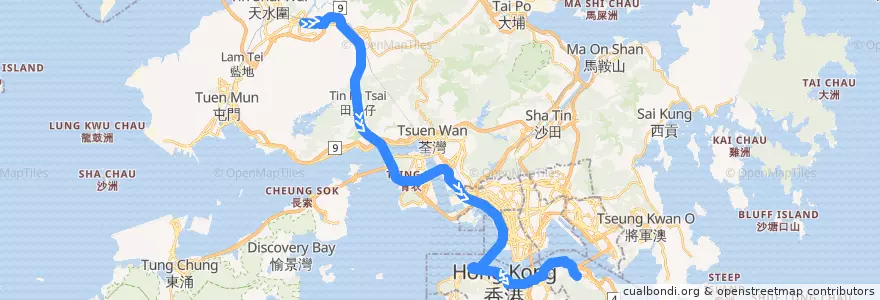 Mapa del recorrido Bus 968X (Yuen Long (West) - Quarry Bay (King's Road)) de la línea  en الأقاليم الجديدة.