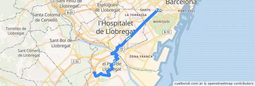 Mapa del recorrido 65 Plaça Espanya => El Prat de la línea  en Barcelone.