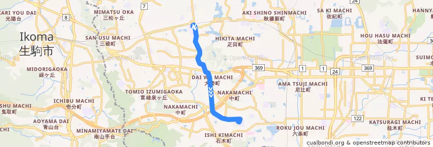 Mapa del recorrido 学園前駅（南） - 西の京高校 （各停） (Gakuemmae Station to Nishinokyo Senior Highschool) de la línea  en 奈良市.