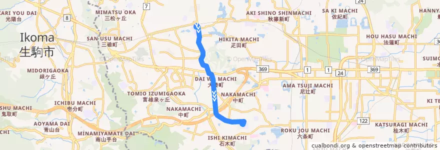 Mapa del recorrido 学園前駅（南） - 西の京高校 （急行） (Gakuemmae Station to Nishinokyo Senior Highschool) de la línea  en 奈良市.