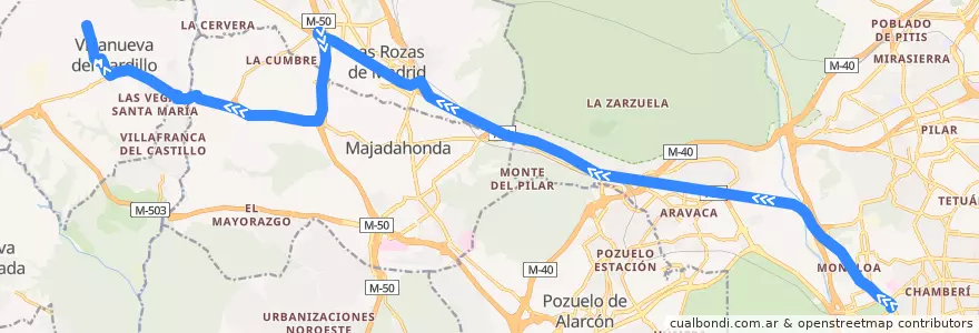 Mapa del recorrido Bus 643: Madrid (Moncloa) → Villanueva del Pardillo de la línea  en Área metropolitana de Madrid y Corredor del Henares.