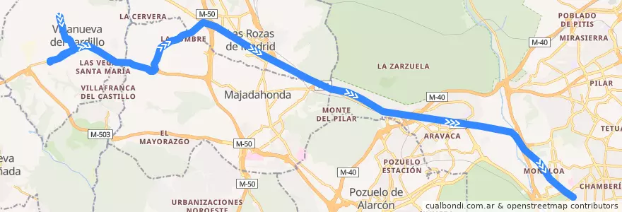 Mapa del recorrido Bus 643: Villanueva del Pardillo → Madrid (Moncloa) de la línea  en Área metropolitana de Madrid y Corredor del Henares.