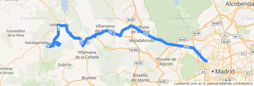 Mapa del recorrido Bus 641: Valdemorillo → Villanueva del Pardillo → Madrid (Moncloa) de la línea  en Мадрид.