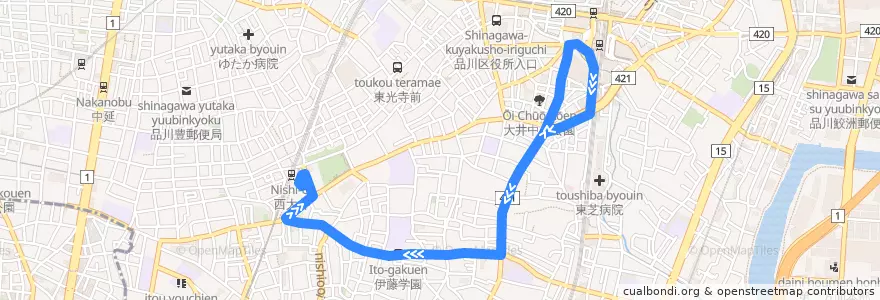 Mapa del recorrido 大井町線【東急バス・井０５系統】大井町駅⇔西大井駅 de la línea  en Синагава.