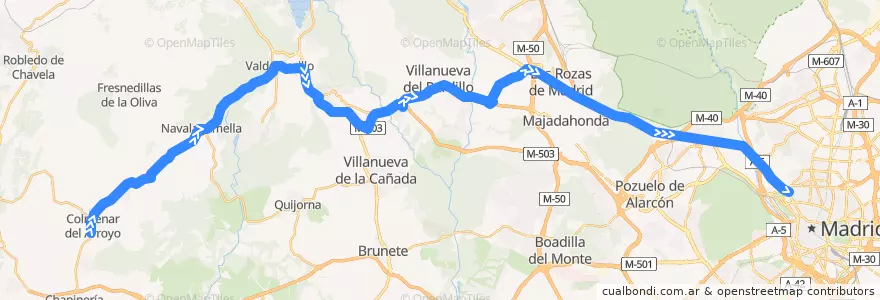 Mapa del recorrido Bus 642: Colmenar de Arroyo → Navalagamella → Valdemorillo → Villanueva del Pardillo → Madrid (Moncloa) de la línea  en منطقة مدريد.