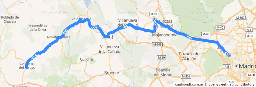 Mapa del recorrido Bus 642: Madrid (Moncloa) → Villanueva del Pardillo → Valdemorillo → Navalagamella → Colmenar de Arroyo de la línea  en بخش خودمختار مادرید.