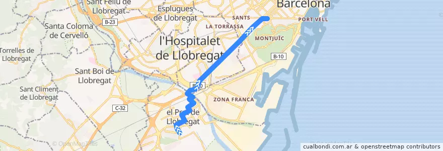 Mapa del recorrido 165 Prat Exprés. El Prat => Pl. Espanya de la línea  en Barcelona.