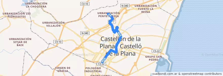 Mapa del recorrido L7 Grupos - Montaña de la línea  en Castelló de la Plana.