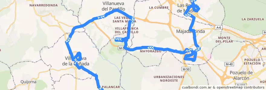 Mapa del recorrido Bus 626: Las Rozas → Majadahonda → Villanueva de la Cañada de la línea  en Comunidade de Madrid.