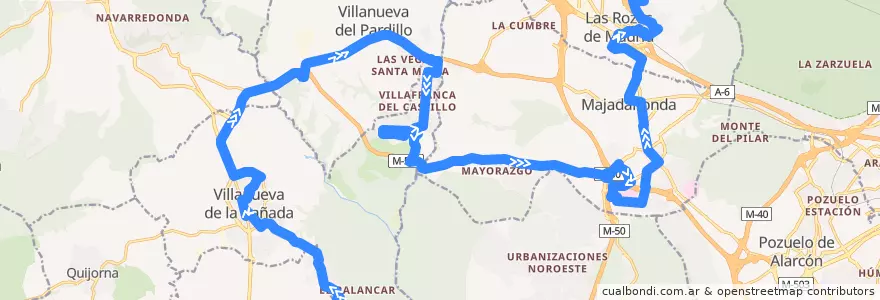 Mapa del recorrido Bus 626: Villanueva de la Cañada → Majadahonda → Las Rozas de la línea  en Communauté de Madrid.